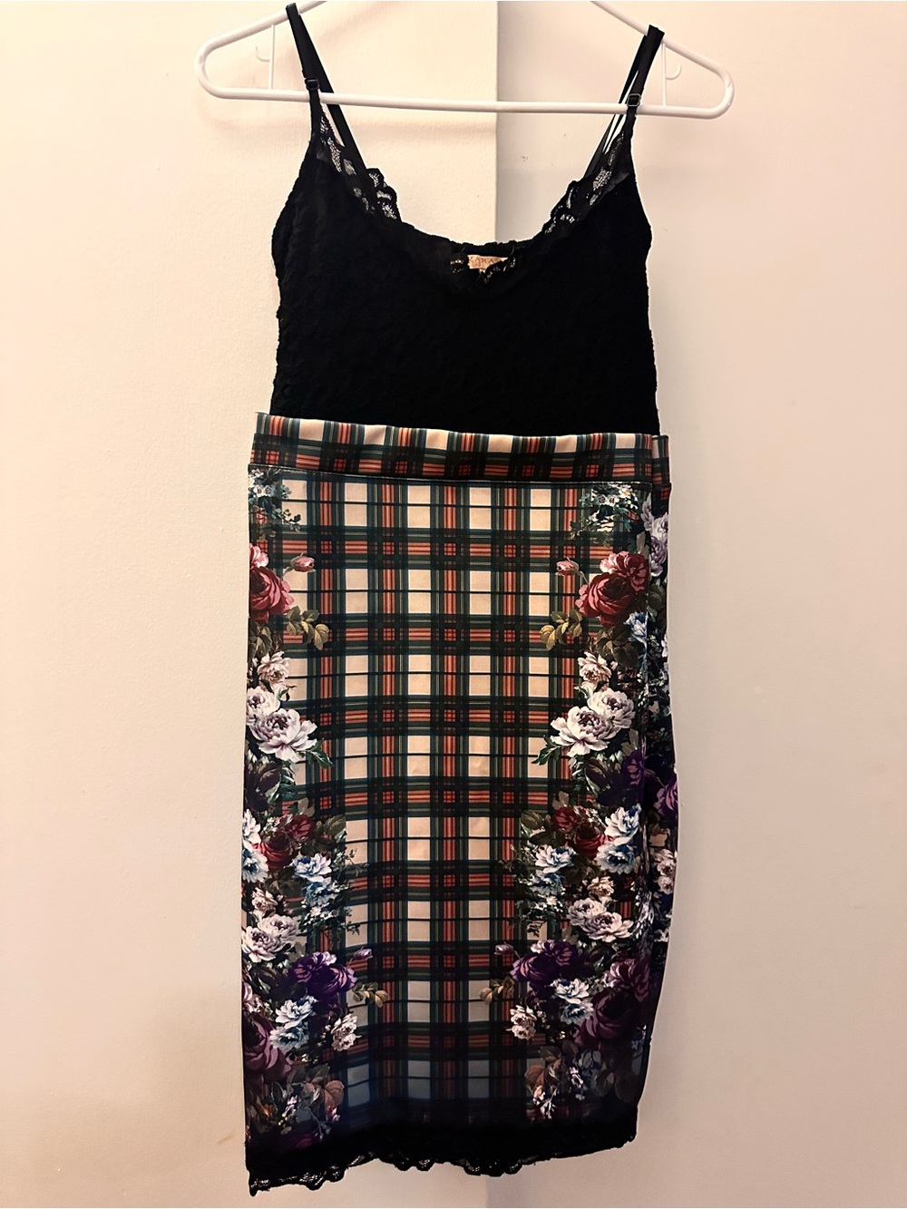Zara Black Lace Top Plaid Midi Dress with Floral Borders Trafaluc Aesthetic M
